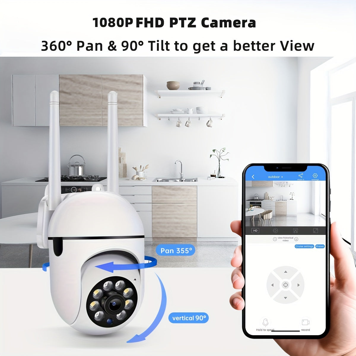 Wireless Security Camera - 1080P HD Indoor/Outdoor Cam with Color Night Vision, 2-Way Audio, PTZ, Wall Hanging - App Control - Audio & Motion Alerts - USB Powered