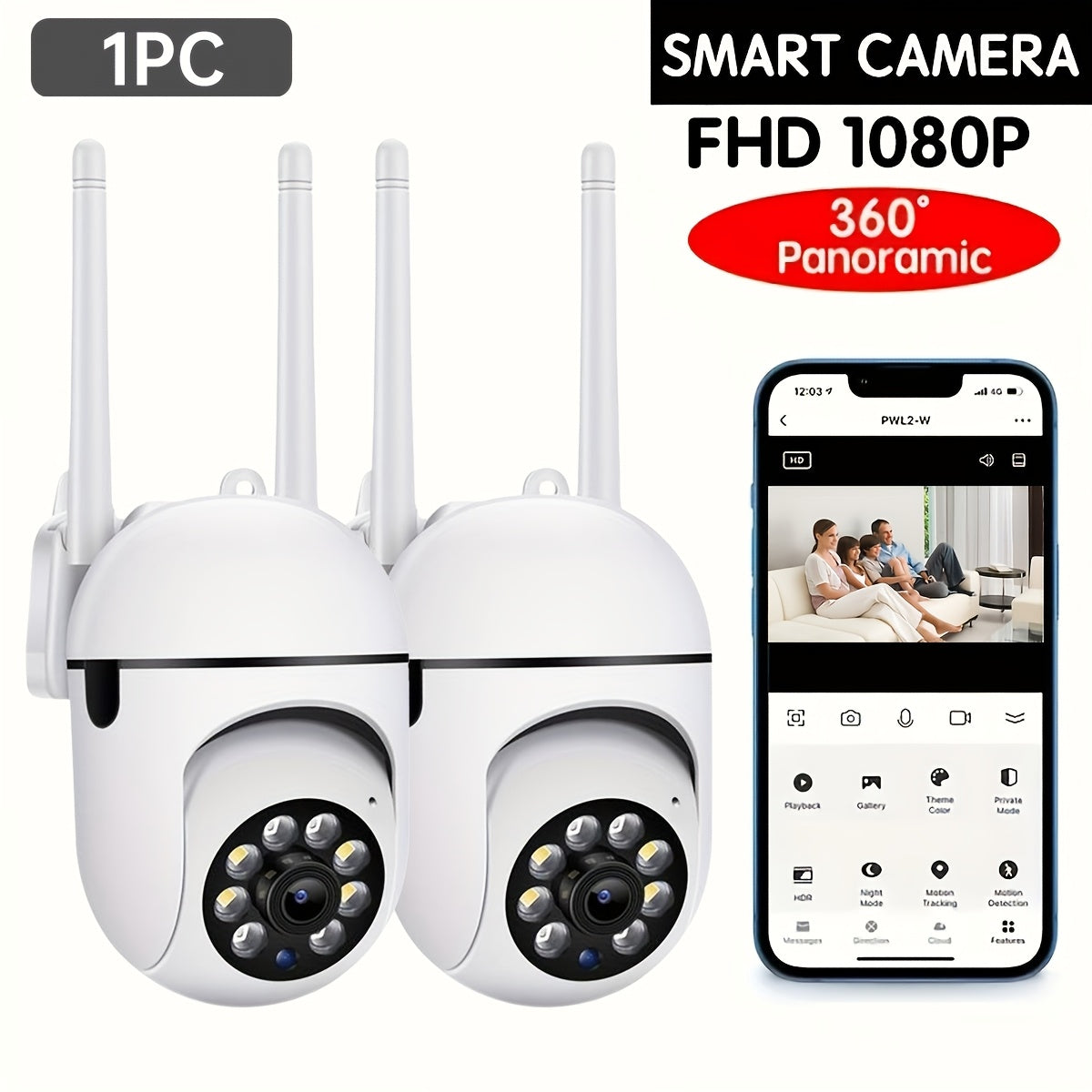 Wireless Security Camera - 1080P HD Indoor/Outdoor Cam with Color Night Vision, 2-Way Audio, PTZ, Wall Hanging - App Control - Audio & Motion Alerts - USB Powered